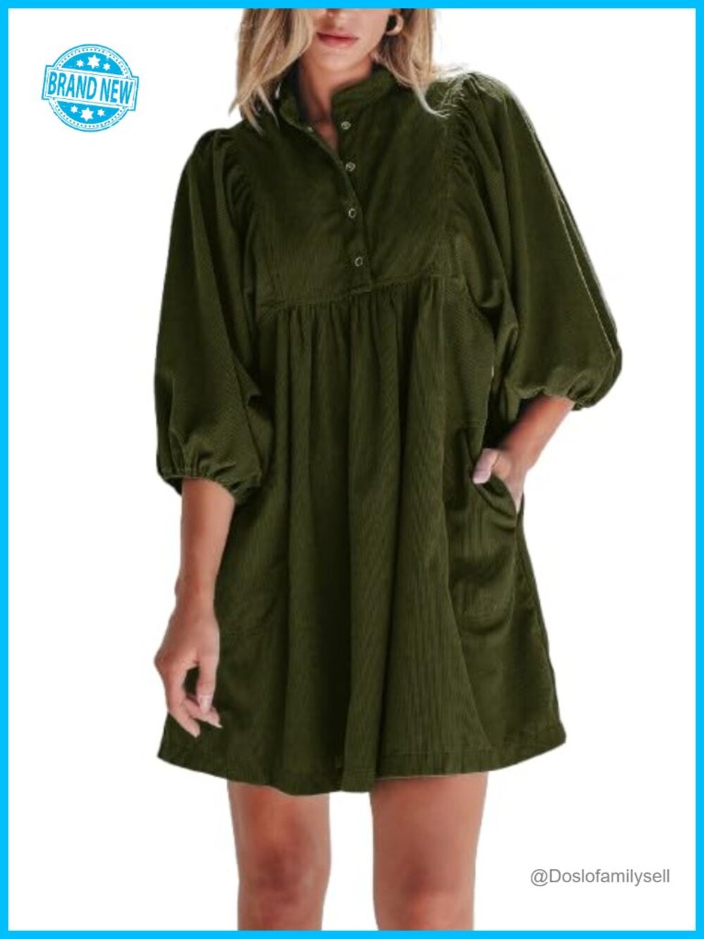 Corduroy Mini Babydoll Dress 3/4 Sleeve V-Neck A-Line Fall Winter